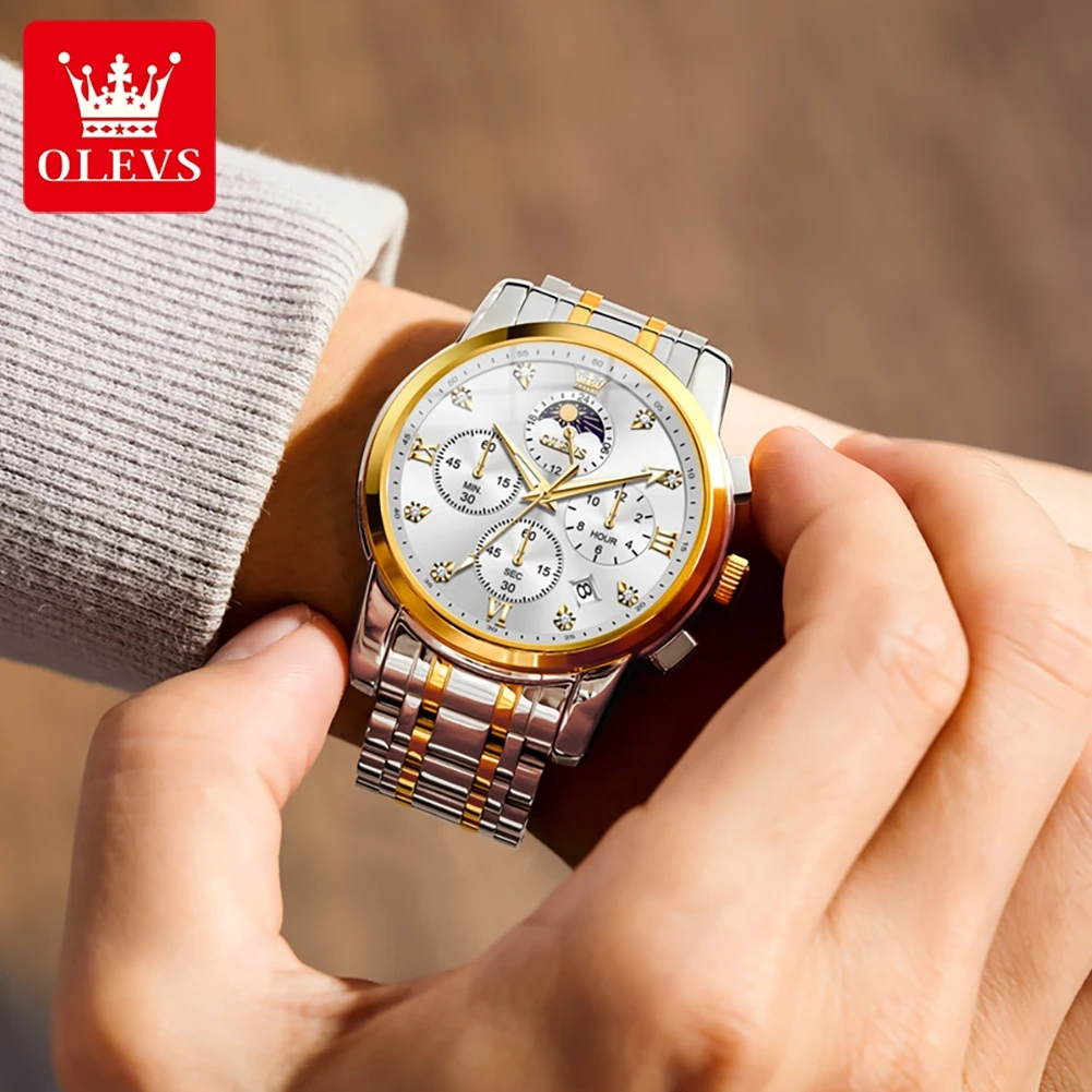 OLEVS Luxury Men's Watches Business Fashion Stainless Steel Original Quartz Wristwatch Waterproof Luminous Moon Phase Date 3655