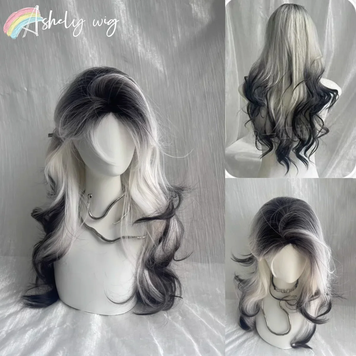 

Ombre Wig White and Black Fade Hair Long Wavy Cosplay Wigs for Women Men 24inch Grey Lolita Wig High Temperature Fiber 가발 Парик