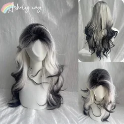 Ombre Wig White and Black Fade Hair Long Wavy Cosplay Wigs for Women Men 24inch Grey Lolita Wig High Temperature Fiber 가발 Парик