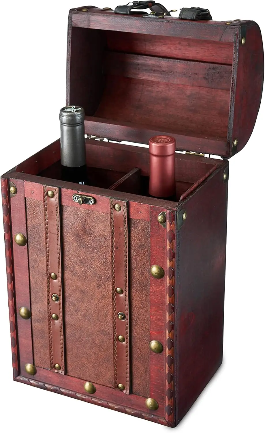 

Антикварная деревянная декоративная коробка для вина с крышкой и ручкой, наборы аксессуаров для вина, дерево, искусственная кожа, латунные акценты, 2 бутылки