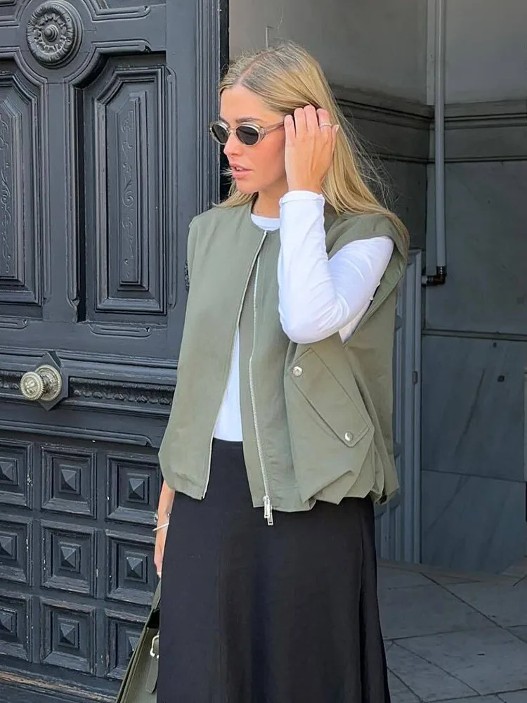 HH Woman New Fashion O-Neck Sleeveless Slim Vest Jacket Women Chic Solid Zipper Pocket Pleated Decorate Casual Waistcoat
