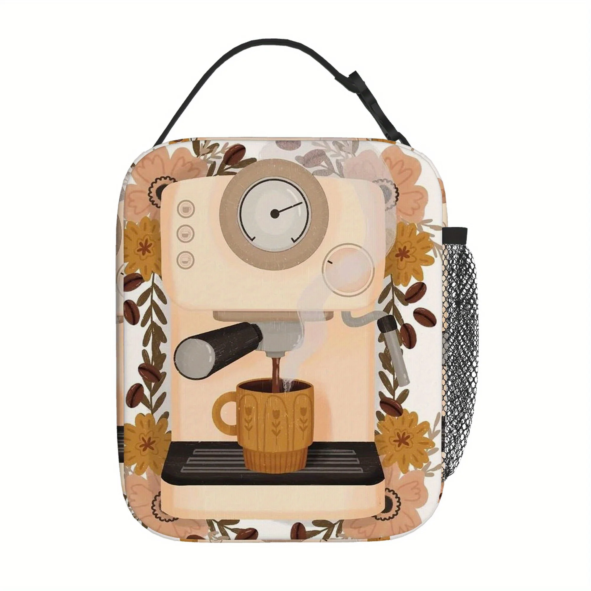 1pc Coffee Machine with Floral Design Printed Thermal Bag Insulation Bag Isolated Bags, No Food Contact