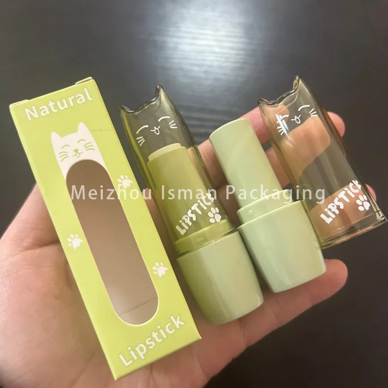 

50Pcs in stock cute green cartoon cat shaped lip balm packaging cosmetic lipstick tube container for makeup tubes 12.1mm