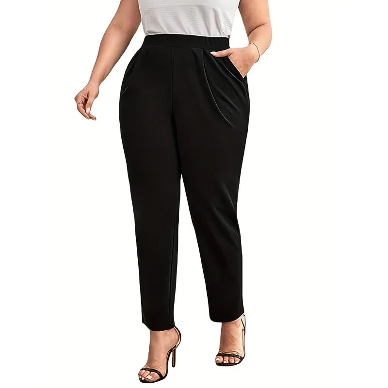 

2026Women Plus Size Elastic Waist Straight Leg Pants Solid Color