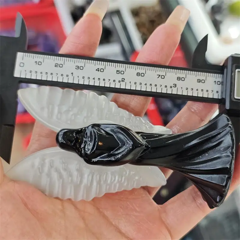 Natural Selenite Wing And Black Obsidian Angel Carving Energy Gem Reiki Healing Home Decoration Holiday Gift Collection 1pcs