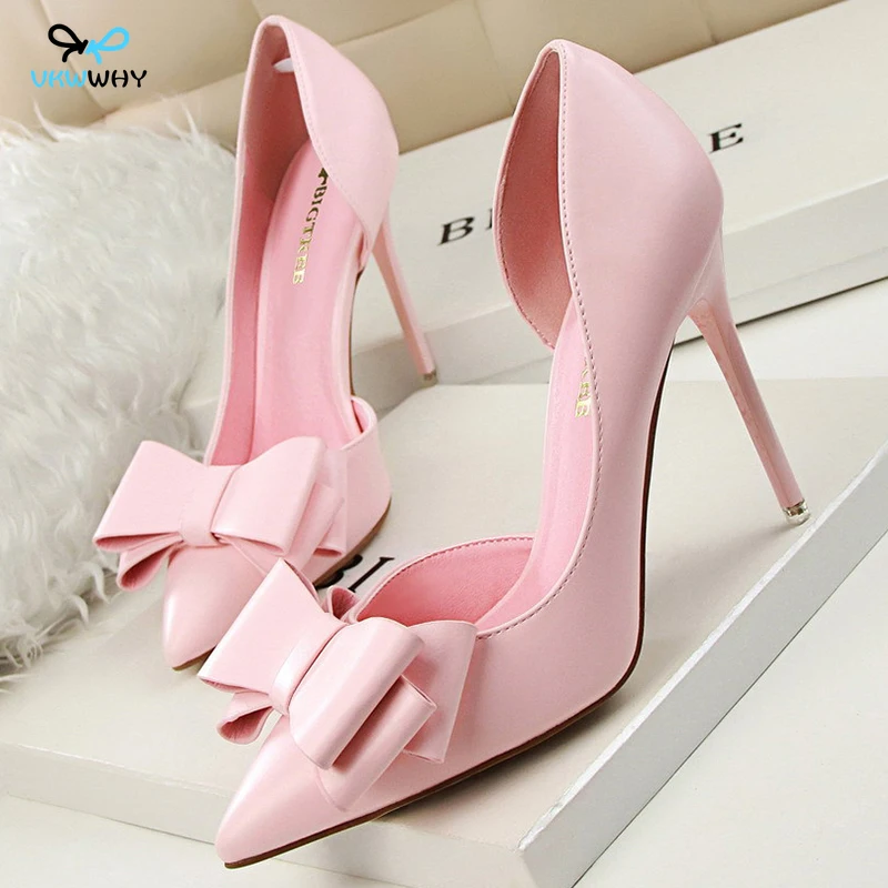 

VKWWHY Shoes Pu Leather Kitten Heels Bowknot Stiletto Heels 10.5cm Women Pumps Fashion High-heeled Shoes Sexy Wedding Shoes