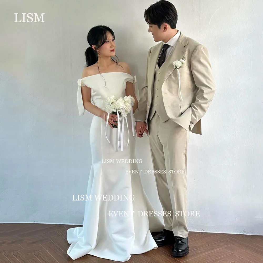 

LISM Simple Satin Korea A-Line Wedding Dresses Photo Shoot Off Shoulder Floor Bridal Gowns Corset Back Plus Size Custom Made