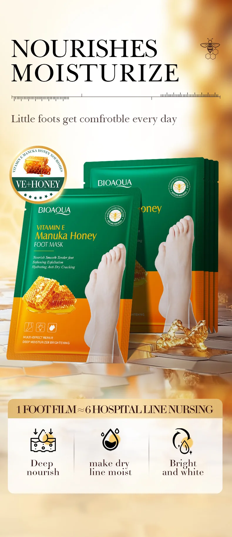 Description Picture 3 of item5 Pairs BIOAQUA Honey Exfoliating Foot Mask Feet Pedicure Remove Dead Skin Moisturizing Foot Exfoliator Feet Masks Skin Care