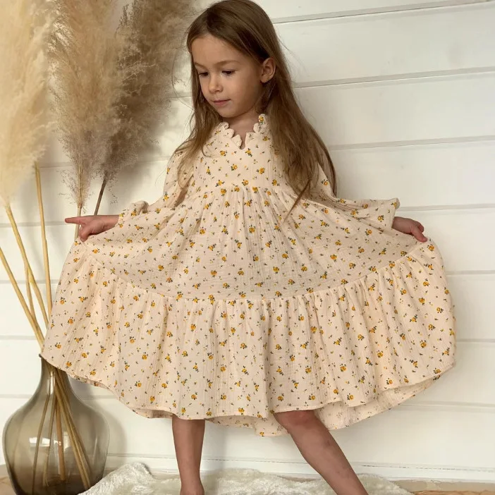 

2025 Spring and Autumn Printed French Bubble Sleeve Princess Dress for girls clothes Cotton Children's A-shaped Dresses
