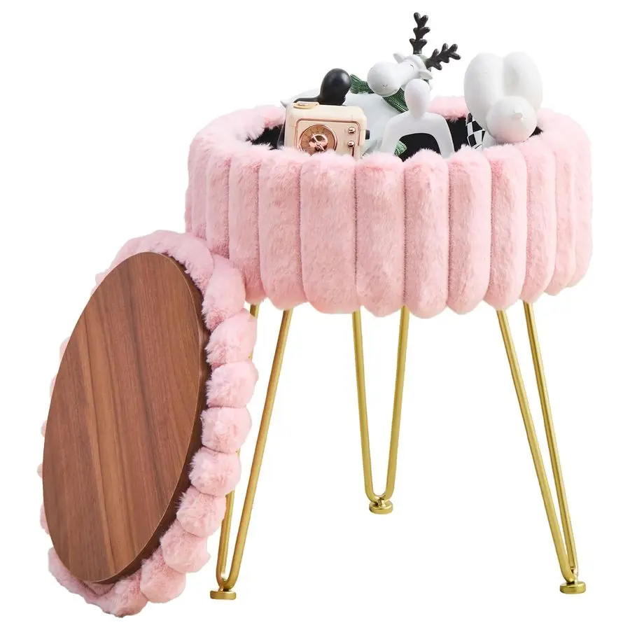 

Vanity Stool with Storage, Faux Fur Ottoman Chair with Metal Legs, Round Makeup Vanity Chair for Bedroom or Dressing Table, Mod
