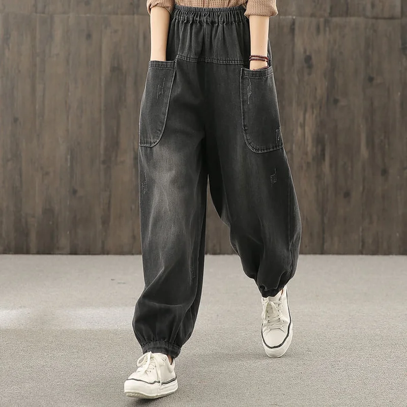 95kg Oversize Trendy Jogger Jeans Women Casual Elastic High Waist Harem Vaqueros Ankle Length Pocket Boyfriend Baggy Denim Pants