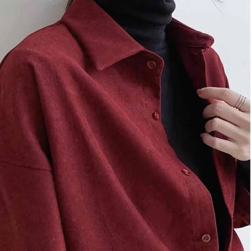 Corduroy Shirts Women Long Sleeve Burgundy Autumn Winter Vintage Basic Tops All-match Female Graceful Charming Chic Mature Mujer