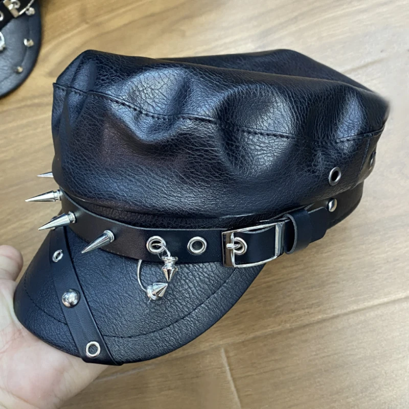 

Subculture Trendy Beret Harajuku Y2k Girls Women Gothic Lolita Harajuku Spike Rivet Punk Cap Vintage Pu Leather Flat Newsboy Hat