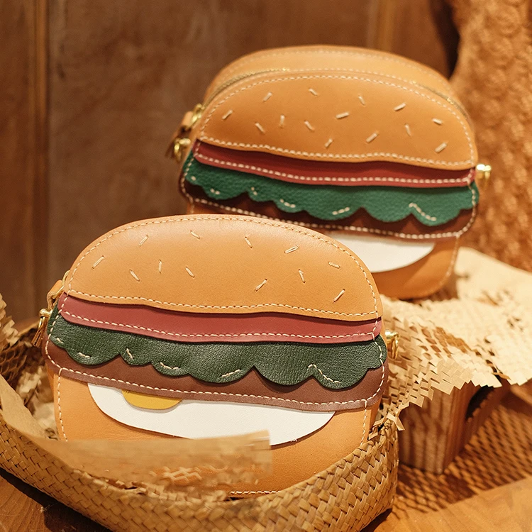 

Hamburger crossbody bag shoulder bag handmade first-layer cowhide leather gift for girls and best friends, cute