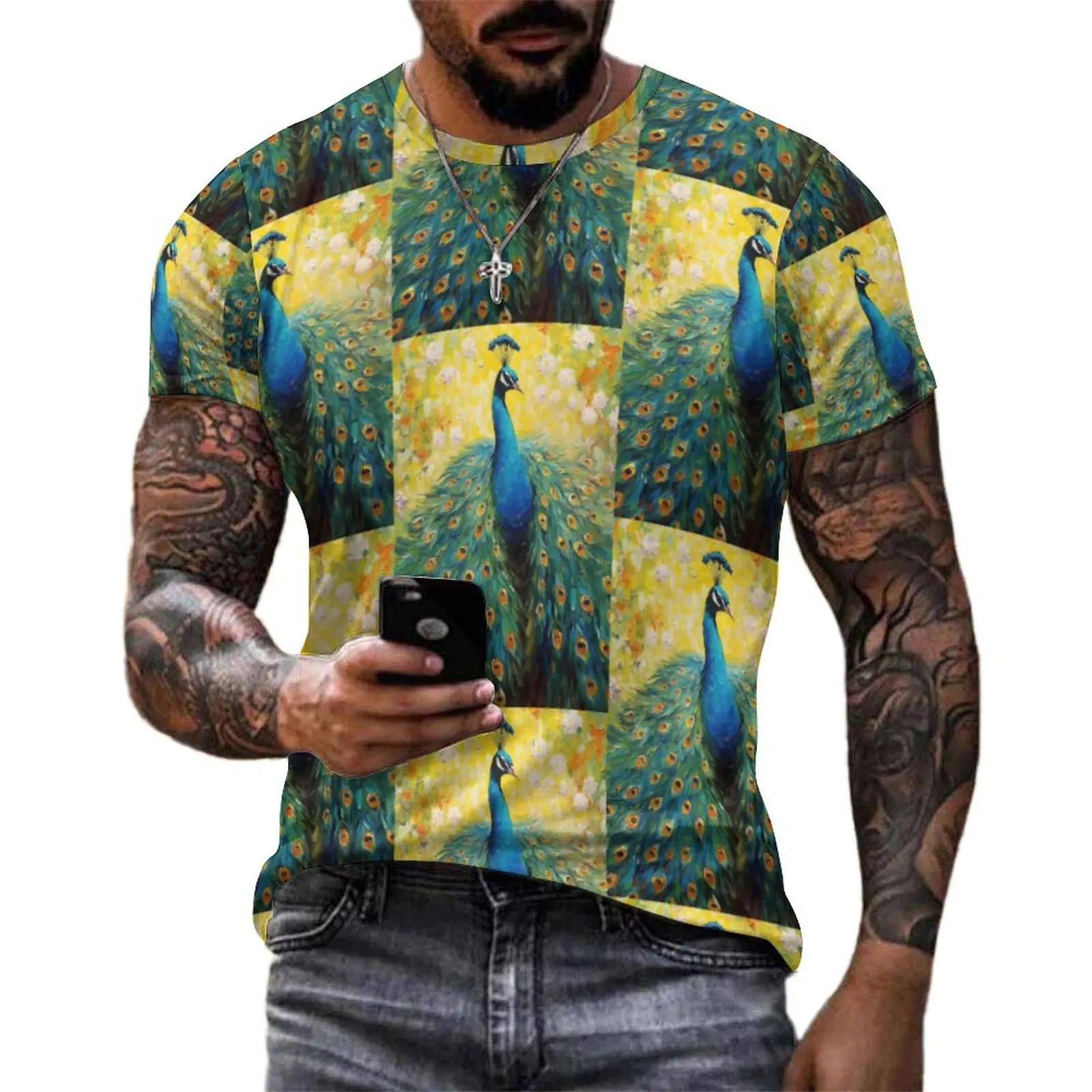 Painting Peacock with Blue Tail T Shirt For Men Graphic O Neck T Shirts Premium Hip Hop Clothing Streetwear Big Size Tees Gift