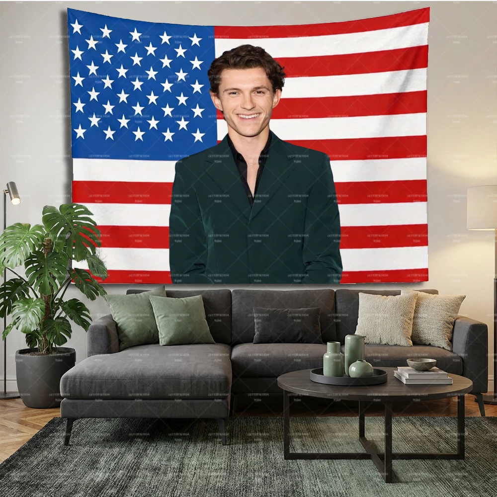 1PC Tom Holland USA Flag Tapestry, Celebrity Star Wall Hanging, American Flag Print Decor for Bedroom & Fan Room Printed