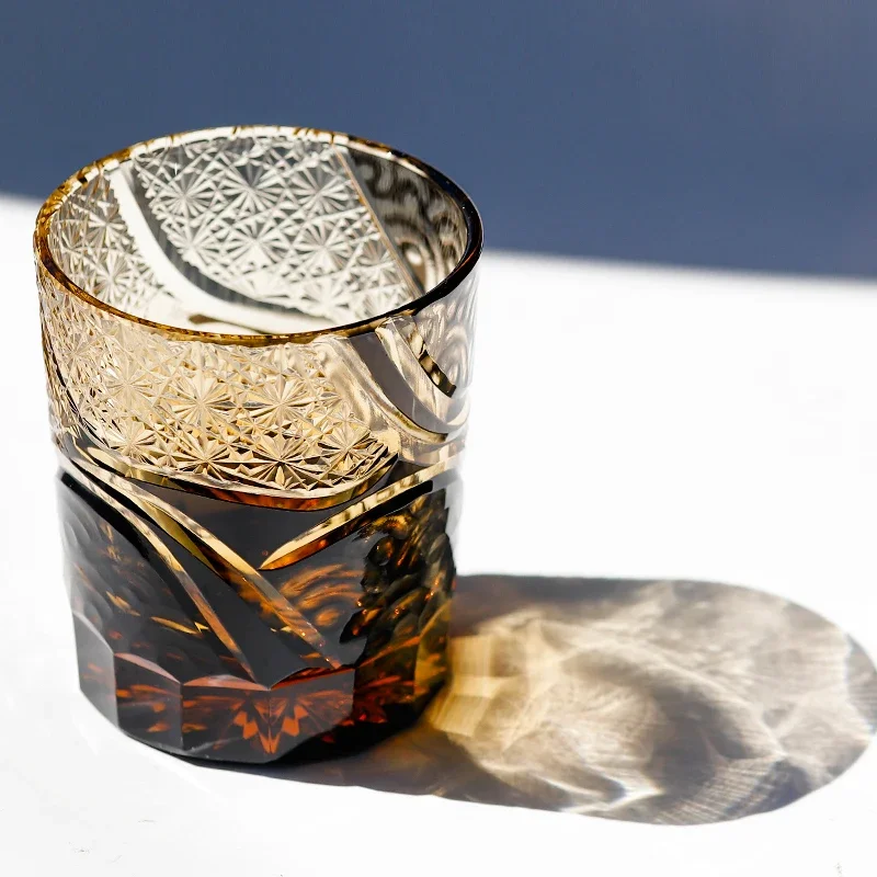 Edo Kiriko Hand Engraved Crystal Whiskey Tumbler Japanese Seigaiha Wave Pattern Gold Decor Heavy Thick Base Vintage Rocks Glass