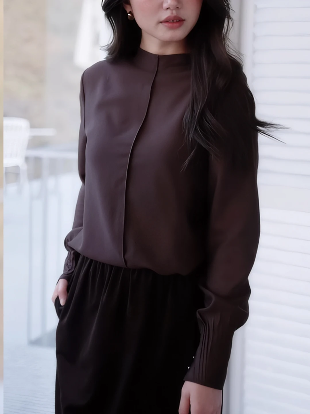 

Ele Chic Long Sve irt Faionable Women's Premium Feel Top Korean Sle Commute Wind Loose Fit Daily Wear