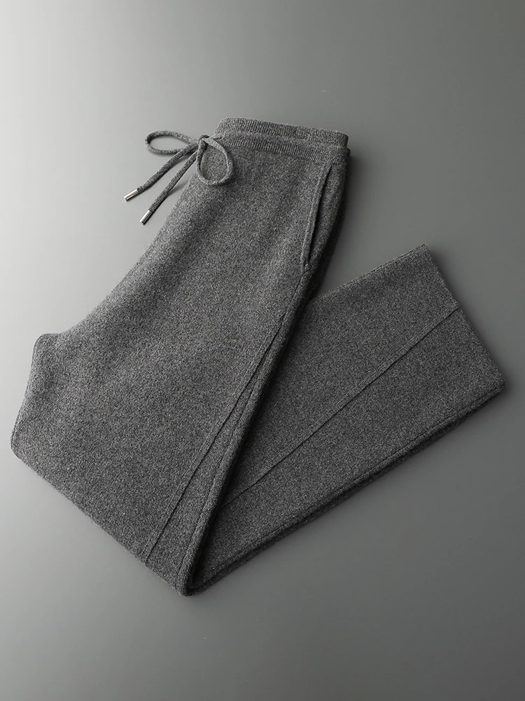 100% Merino Wool Suit Men Hooded Pullover Autumn Winter Knitted Two-Pieces High Waist Trousers Fashion Solid Color Sweater Pants