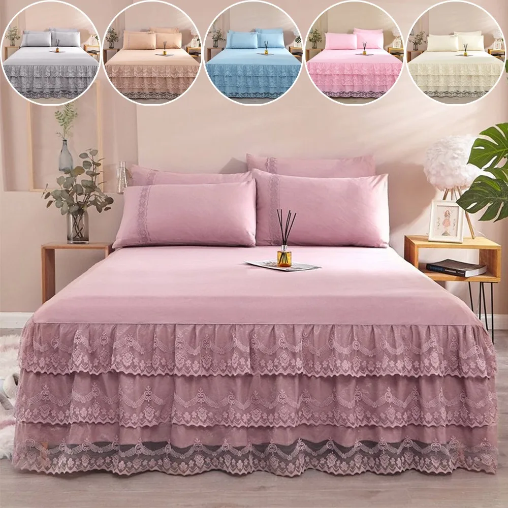 

Princess Lace Three-Layer Solid Color Lace Bed Skirt Bedspread Ruffle Bed Mattress Non-Slip Bed Skirt Include Pillowcase Bedding