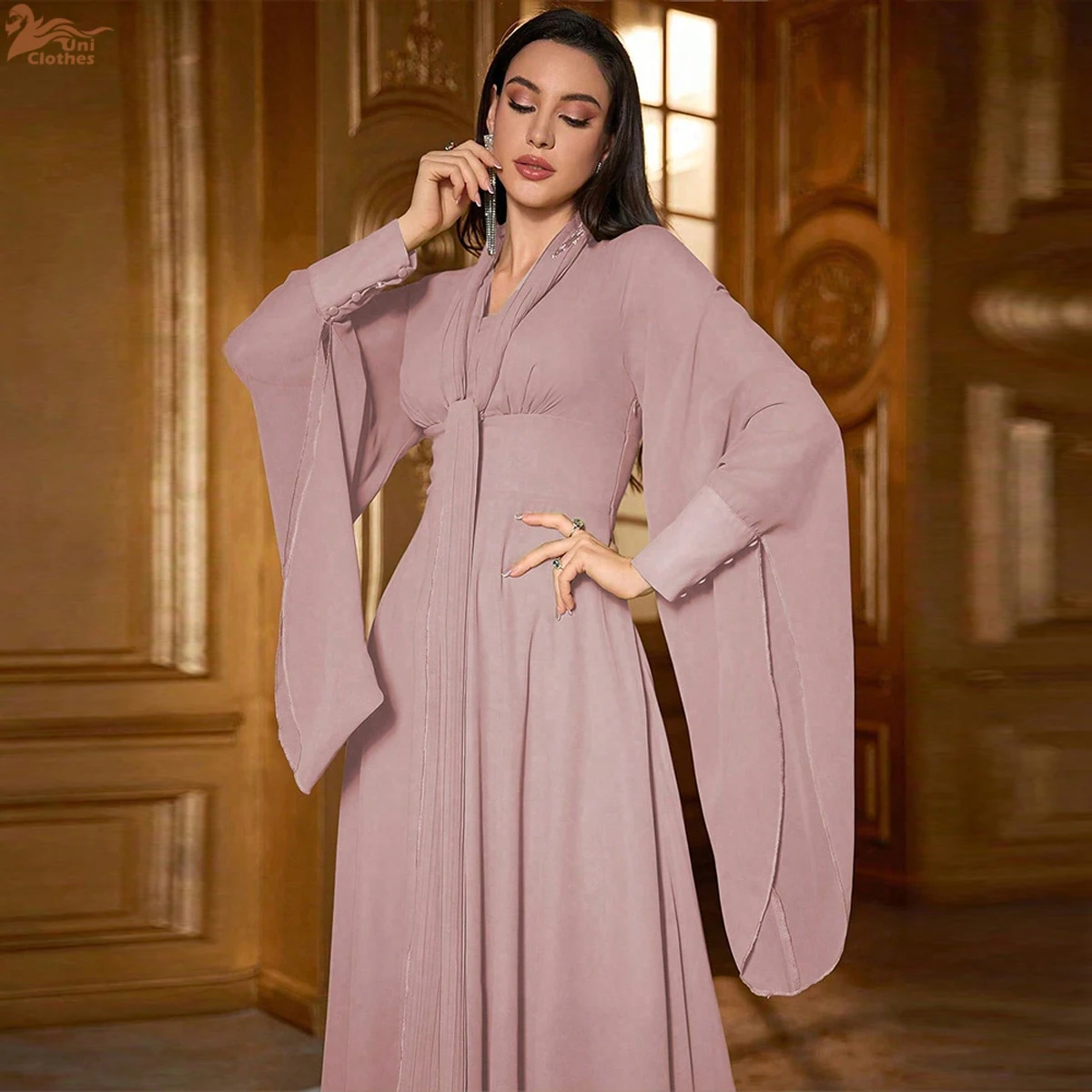 

Uni 2026 Summer Luxury Elegant Chiffon Party Evening Clothing Women Solid Color Simple Ruffled Edge Decorative Long Dresses