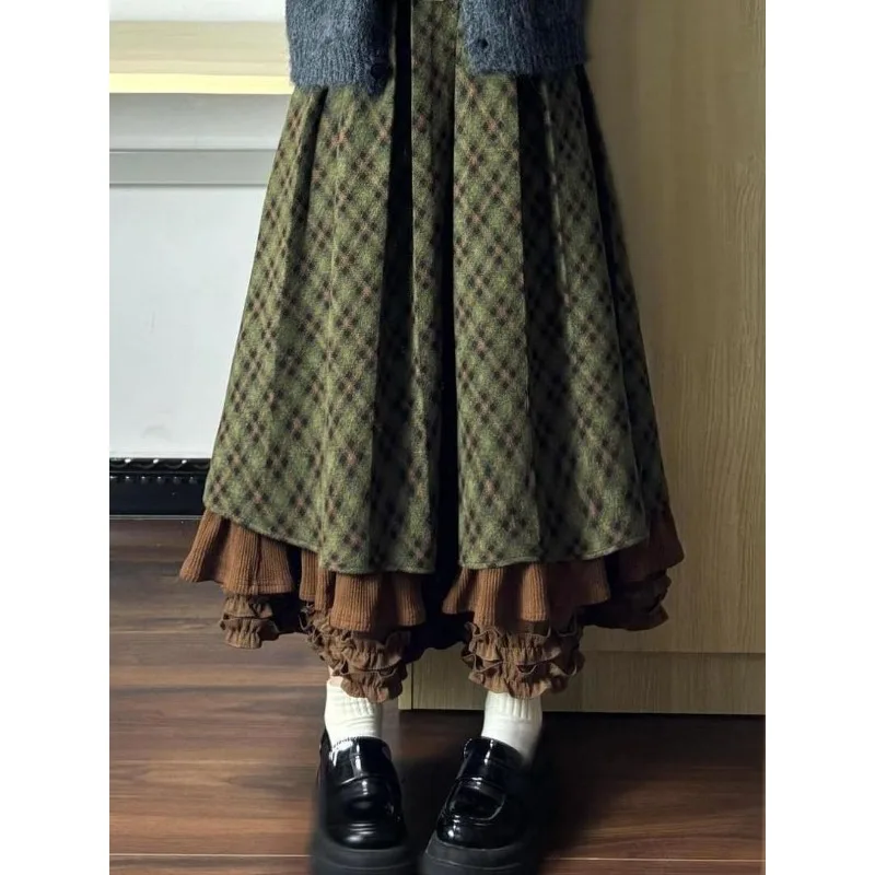Vintage Kawaii  Mori Girl Style Autumn Winter Plaid Ruffled Maxi Skirt Korean Fashion High-Waisted A-Line Long Skirts for Women
