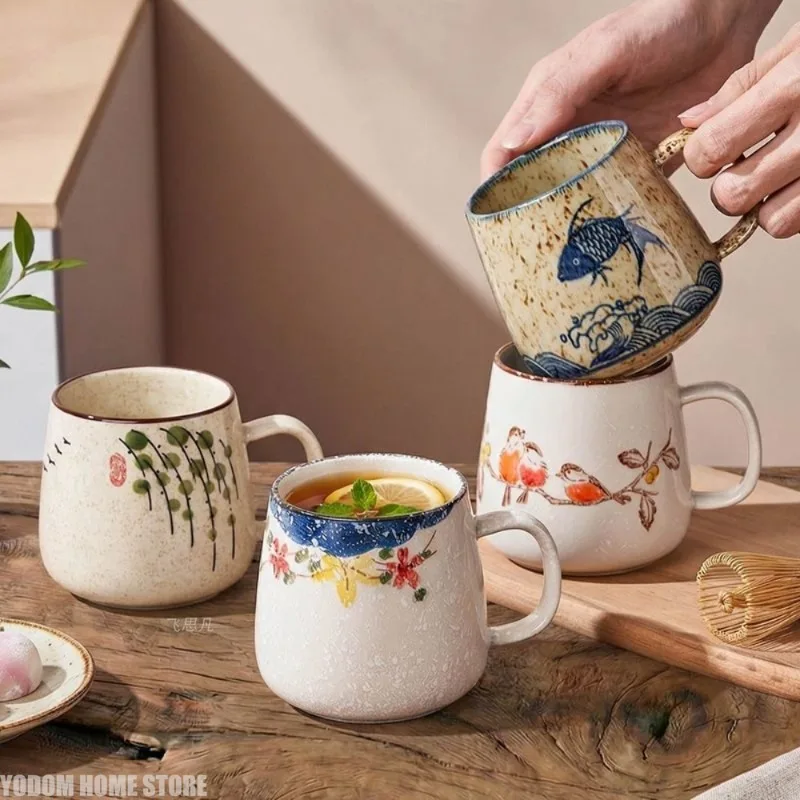 Chinese Creative Hand-Painted Ceramic Mug 375ml Vintage Couple Cup Underglaze Color Home Tea Cup