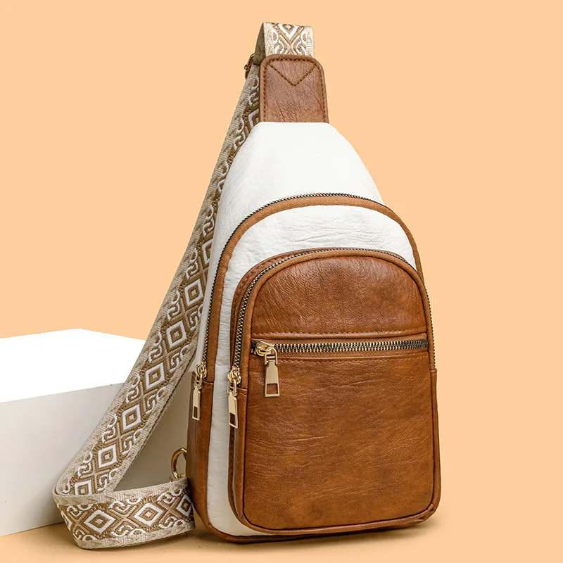 PU leather retro multi-layer chest bag, color-blocking waterproof, lightweight, widened shoulder strap travel crossbody bag