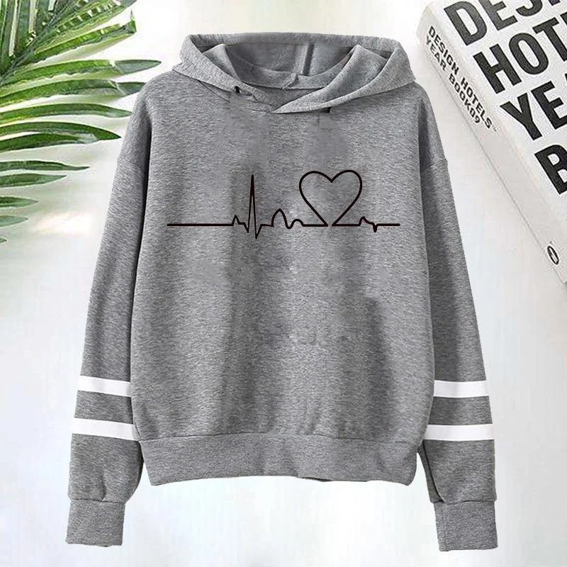 Heartbeat Line Printing Hoodies Hooded Top Women Sweatshirt Long-sleeved Autumn Casual Hooded Streetwear