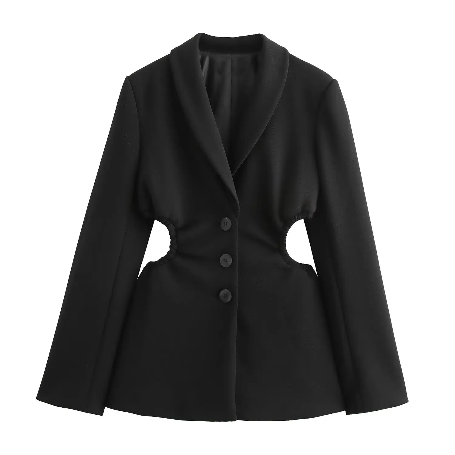 

TRAFZA Female Chic Blazers Black Turn-Down Collar Long Sleeves Hollow Out Waist Single Breasted Winter Jackets Woman Trendy