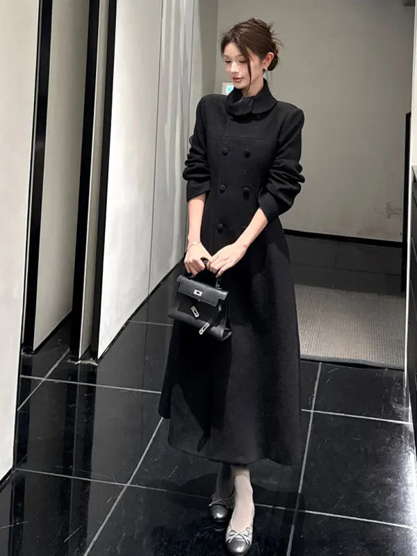 

Korean Sle Ele Long Woolen Coat Waist-Cinching Double-Breasted Soft Sle Temperament Double-Breasted Winter Coat