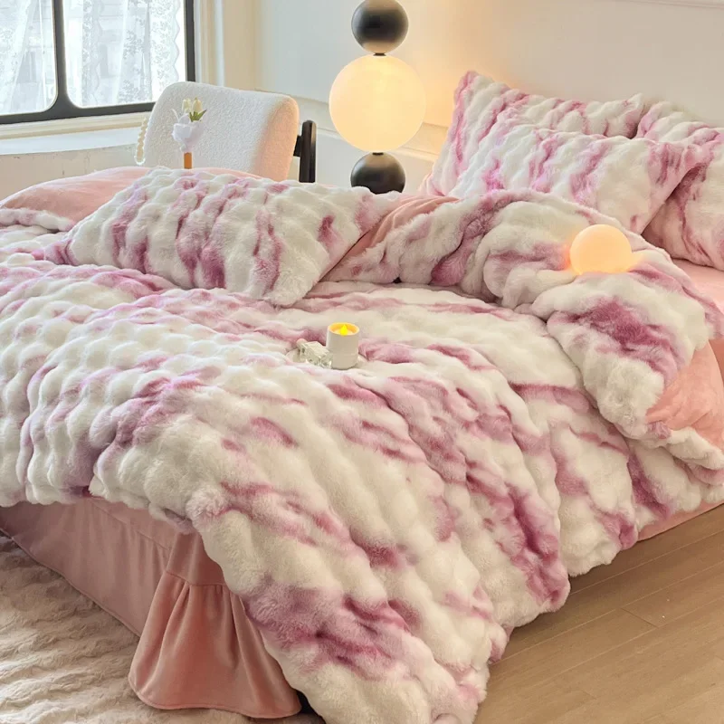 Winter Warm Fluffy Flannel Duvet Cover Set 220x240 King Size Couple Velvet Quilt Cover Sheet Pillowcase 4pcs Luxury Bedding Set