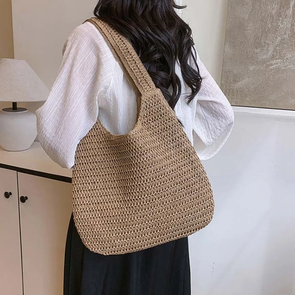 

Sweet with Ribbon Woven Tote Bag Breathable Hollow Out Shopping Straw Bag Polyester Beige Summer Beach Handbag Female