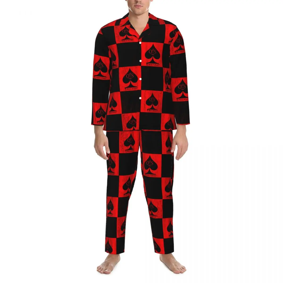 Queen Of Spades Pajama Sets Red Checkers Cute Sleepwear Men Long Sleeve Casual Home Two Piece Home Suit Large Size 2XL