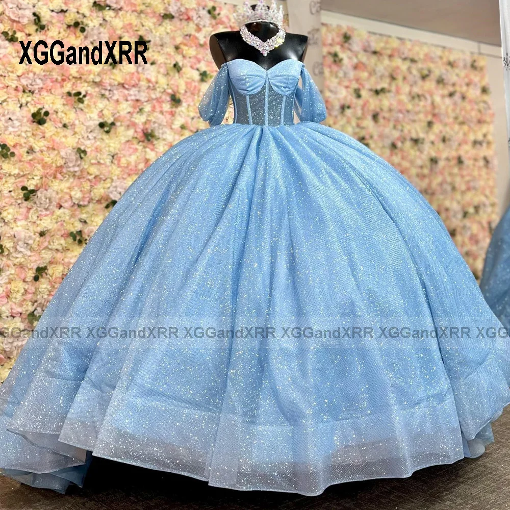 New Royal Blau Quinceanrea Kleider 2023 Schatz Kristalle Strass Ohne Knochen Satin Ballkleid Süße 15 16th Geburtstag Party Kleid