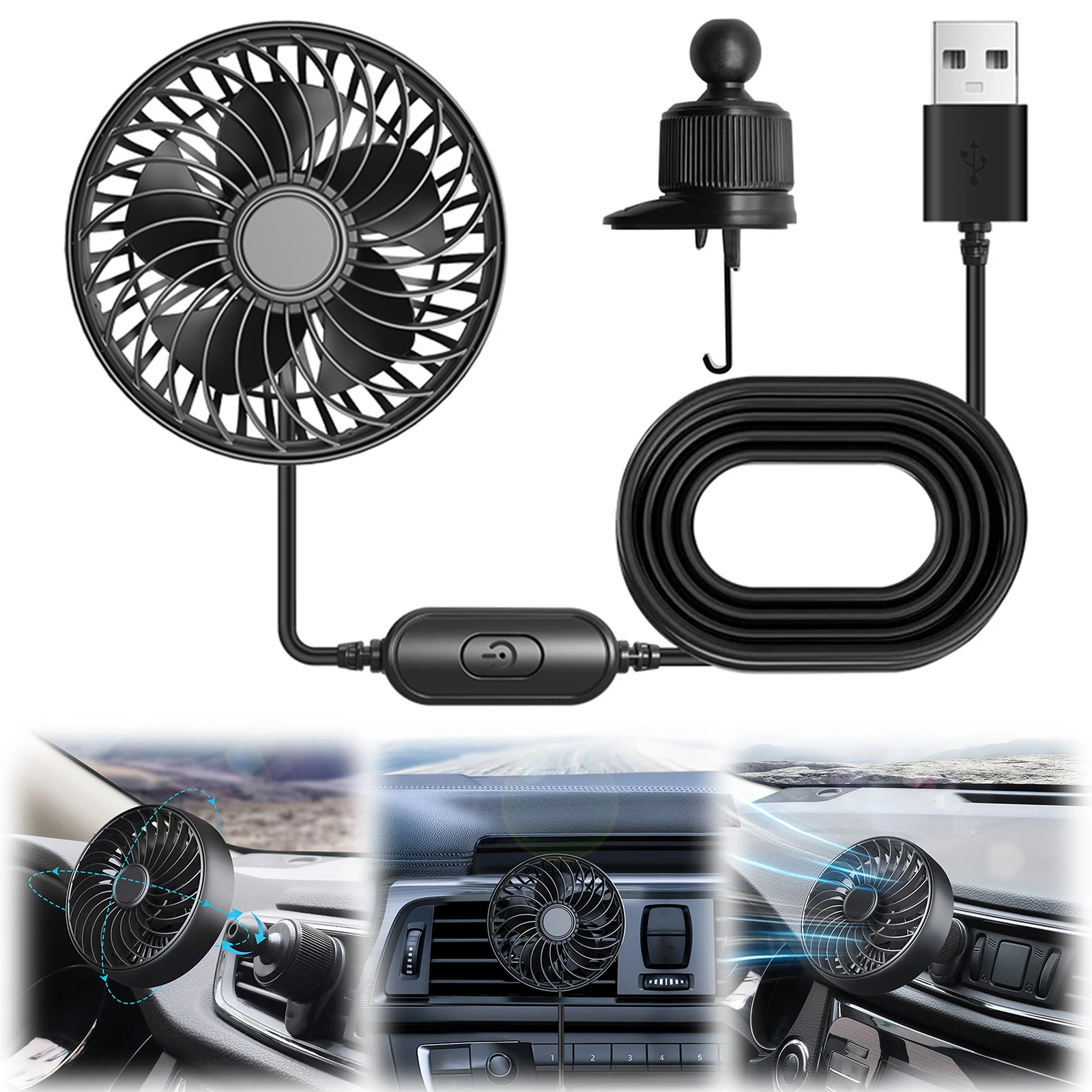 USB Powered Cooling Air Fan Vent Clip Vehicle Fan 3 Speeds Quiet Brushless Motor 360 Rotatable for Vehicle SUV Truck Van RV