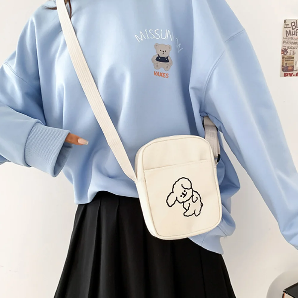 New Canvas Cute Tote Bag Lovely Print Adjustable Shoulder Strap Shoulder Bag Solid Color Crossbody Bag