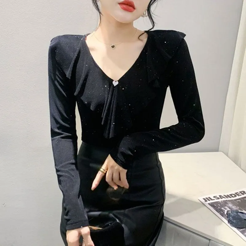 New Autumn Fashion Korean Shiny Mesh T-Shirt Clothes Sexy V-Neck Ruffles Love Decorative Women Tops Long Sleeve All Match Tees