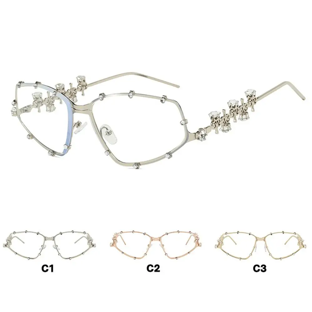 Kacamata Mata Kucing Bingkai Warna Oval Kacamata Pesta Besar Berlian Imitasi Bling Kacamata Tontonan Optik Logam untuk Wanita Pria