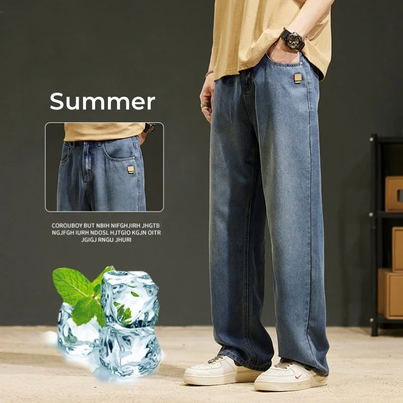 

Новинка 2023 года, летние тонкие мужские винтажные джинсы из лиоцелла, брендовые прямые мягкие корейские модные повседневные свободные джинсовые брюки, уличная одежда