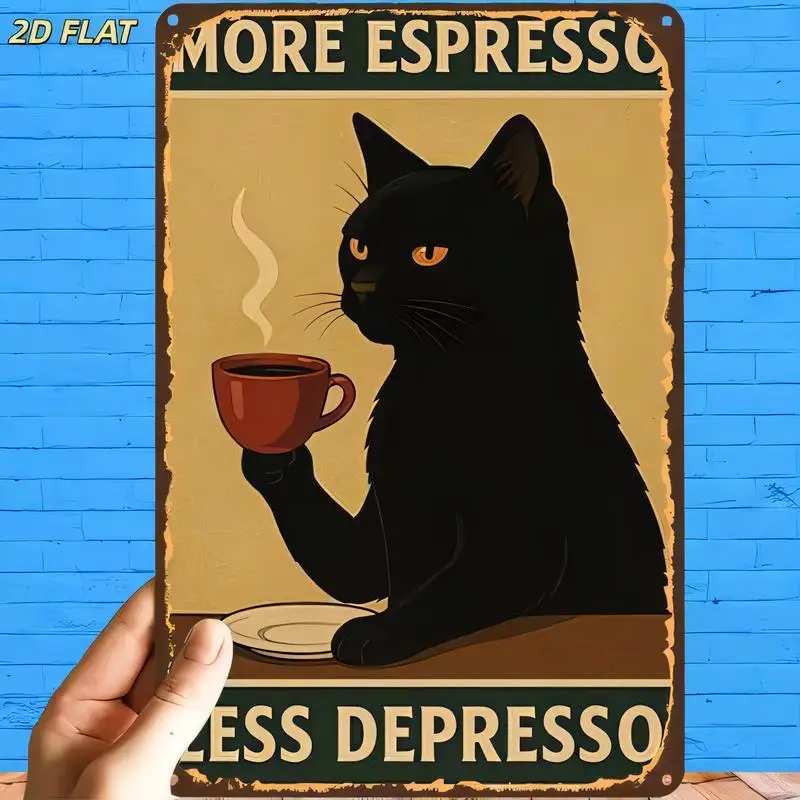 2D Flat Vintage Metal Tin Sign More Espresso Less Depresso - Black Cat Coffee Retro Wall Art, Iron, 20x30cm, Perfect for Cafes/B