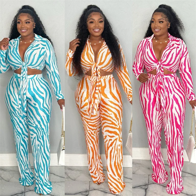Zebra Stripes Printing Two Piece Set for Women Matching Sets Long Sleeve Lace-up Shirt Top and Wide Leg Pants Suit Club Outfits