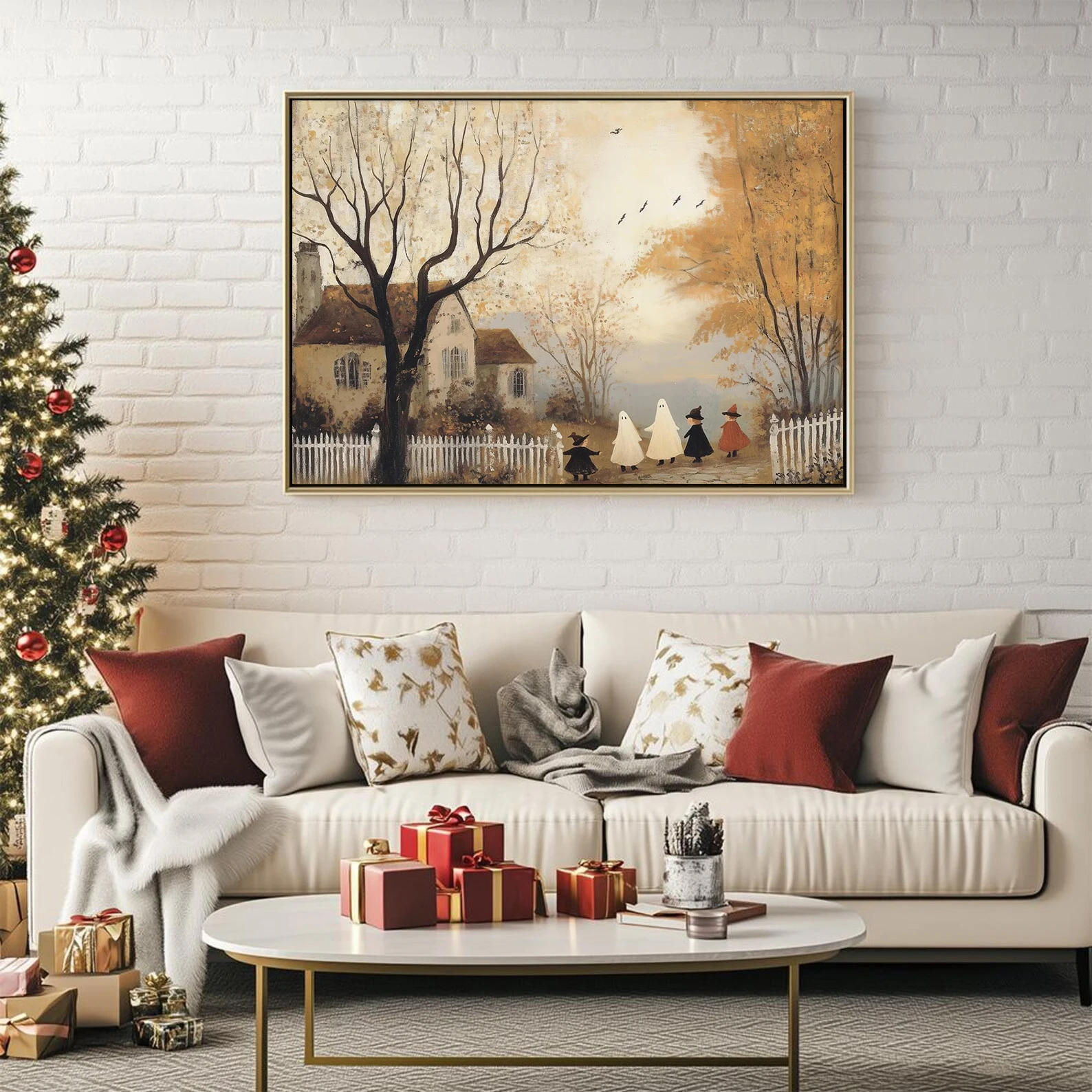 

Halloween posters, vintage Halloween trick-or-treating themed posters, seasonal wall decorations, vintage autumn landscape art