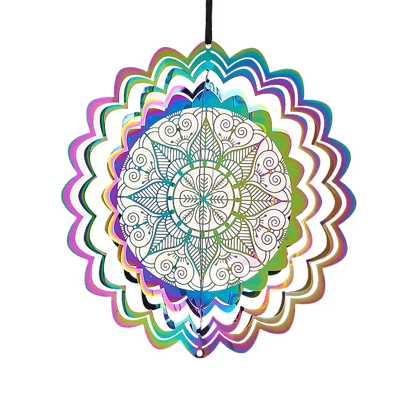 10cm Gradient Color Mandala Hanging Wind Spinner 3D Visual Effect Stainless Steel Mirror Reflection Outdoor Garden Decoration