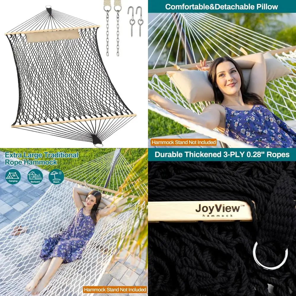 

Traditional Handwoven Cotton Rope Hammock with Hardwood Bar and Pillow, 450lb Capacity for Outdoor Relaxation