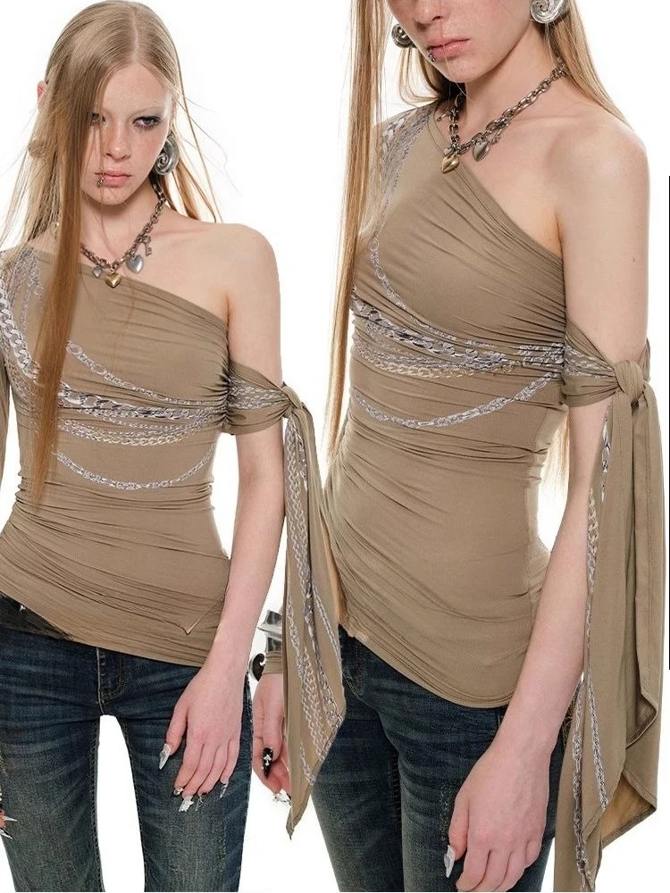 American Sexy Slant Shoulder Tie T Shirt Women Street Slim Print Tee Summer Flutter Harajuku Y2K Subculture Tops Chic