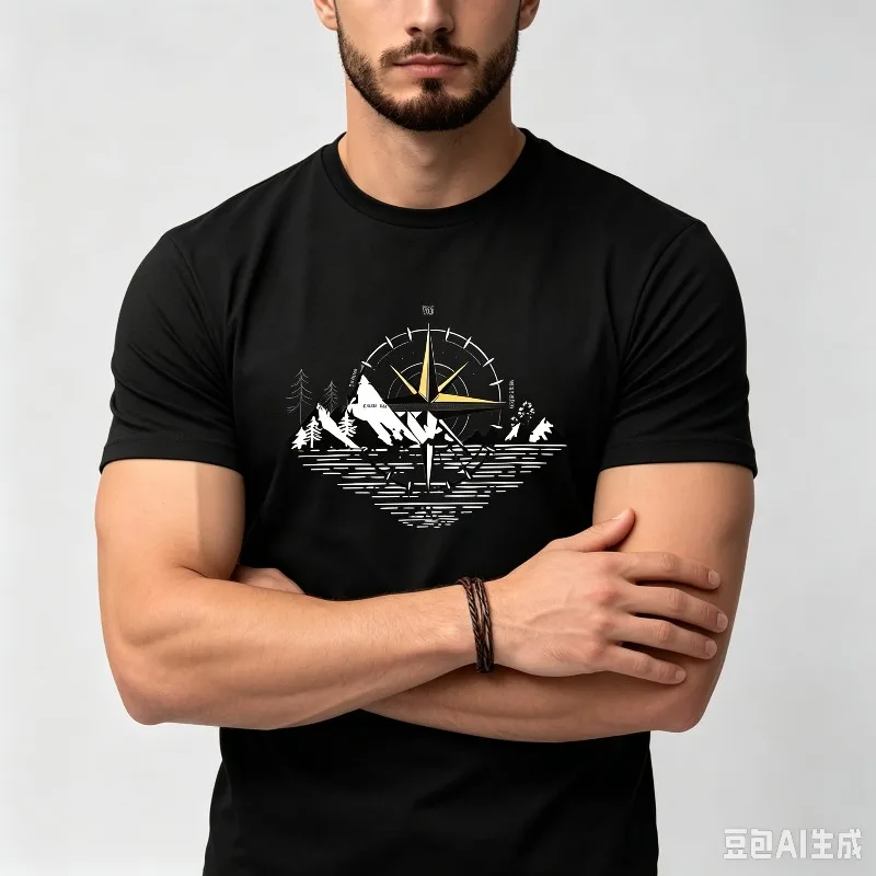 Men’s Compass Mountain Design T-Shirt Soft Casual Modal Graphic Tee for Hiking Camping Adventure Outdoor Travel Holiday Gift
