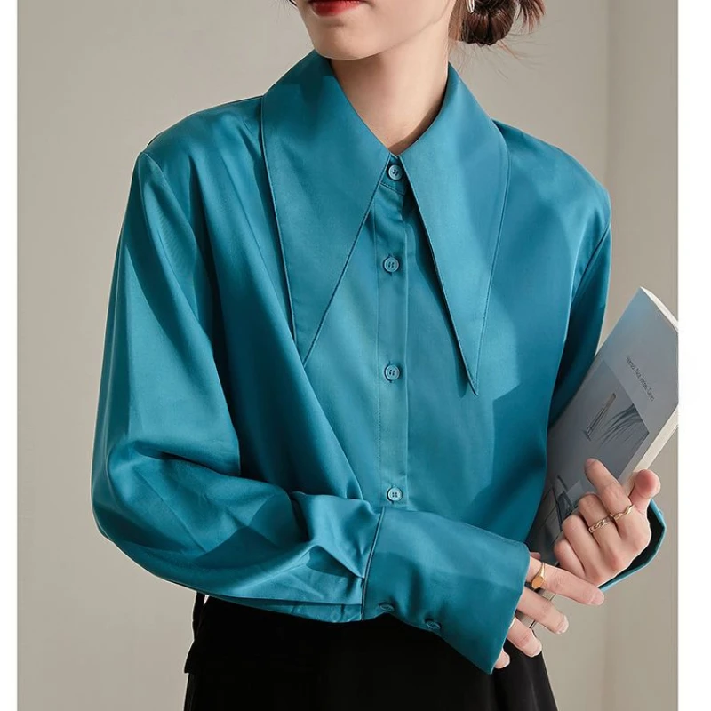 

DAYIFUN Pointed Collar Shirt for Women Loose Professional Women's Drape Shirts Solid Color Long Sleeve Office Lady's Commute Top