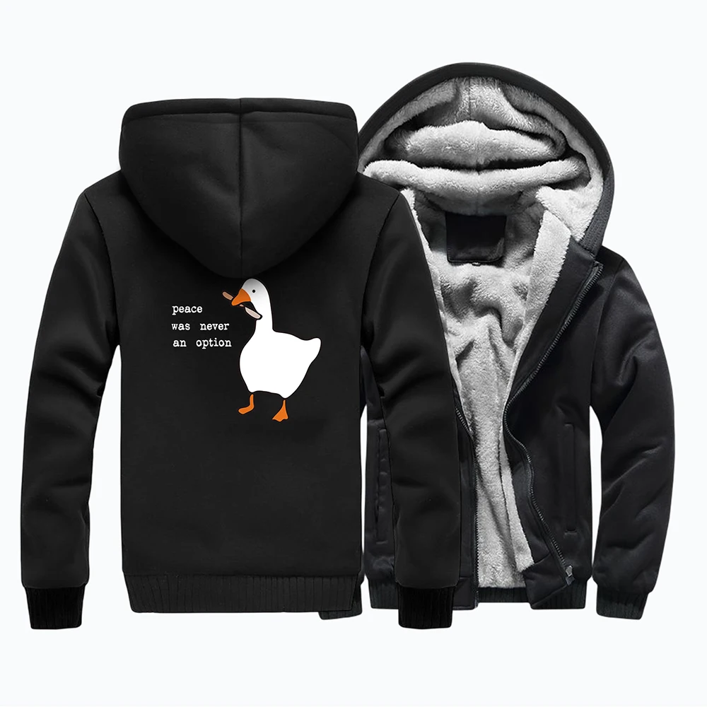 Peace Was Never An Option Cartoon Duck Prints Tracksuit Men Winter Thick Warm Jackets Zipper Hoody Fashion Fleece Hooded