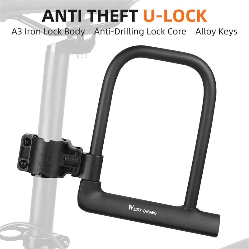 WEST BIKING Portable Bicycle U-Locks Heavy Duty Anti-theft MTB Road Bike Locks With 2 Keys Motorcycle Electric Bike Safe U-Locks